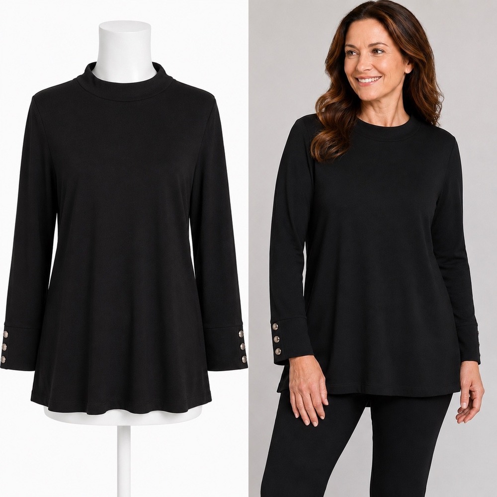 Denim & Co Essentials Top Women M Black Mock Neck Long Sleeve Button Cuff Shirt